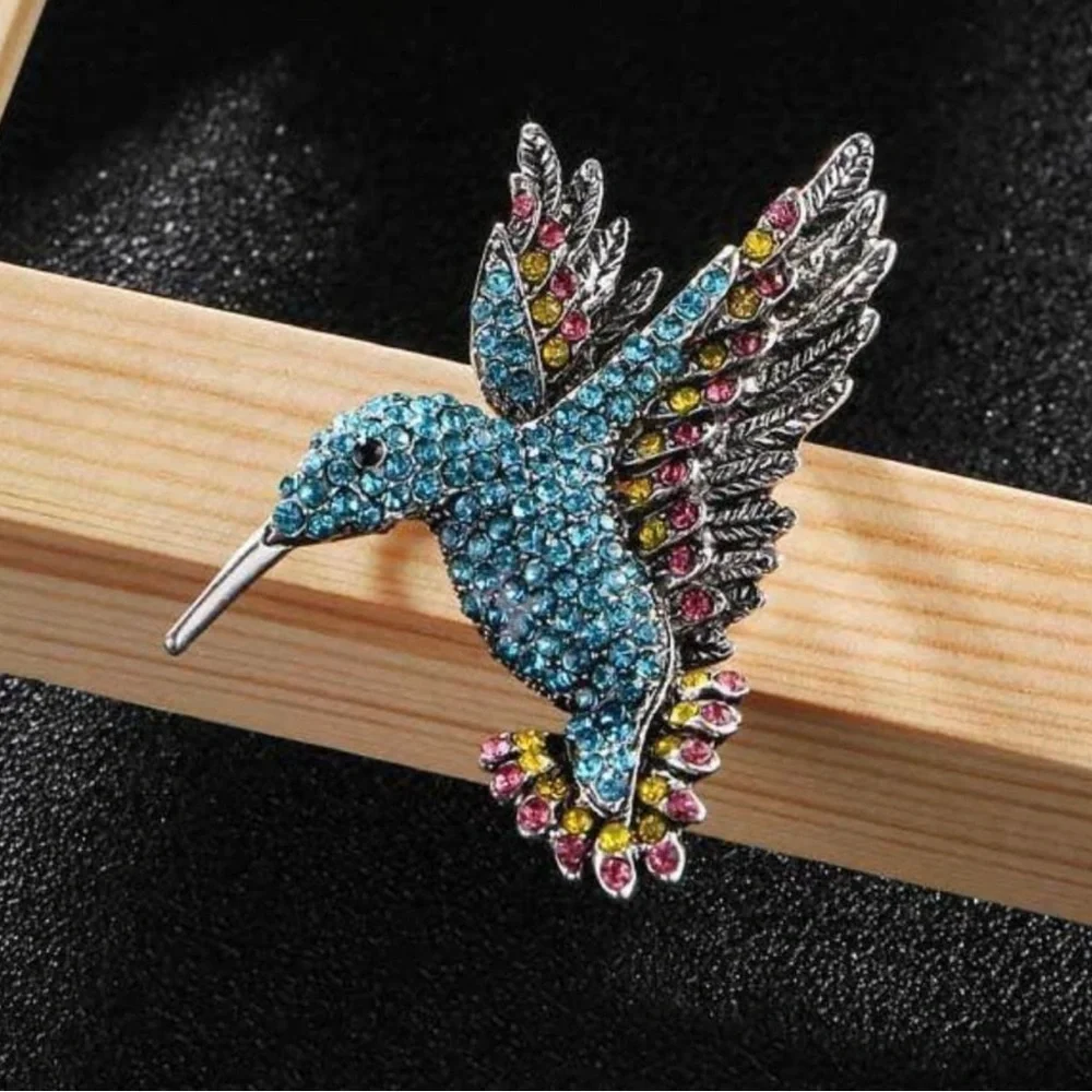 Blue Rhinestone Hummingbird Brooch